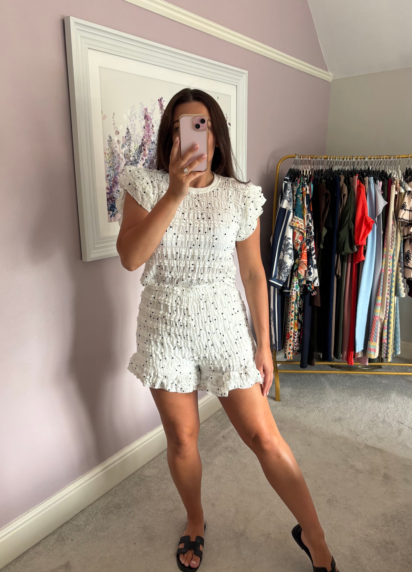 Ruffle polka dot short set - white