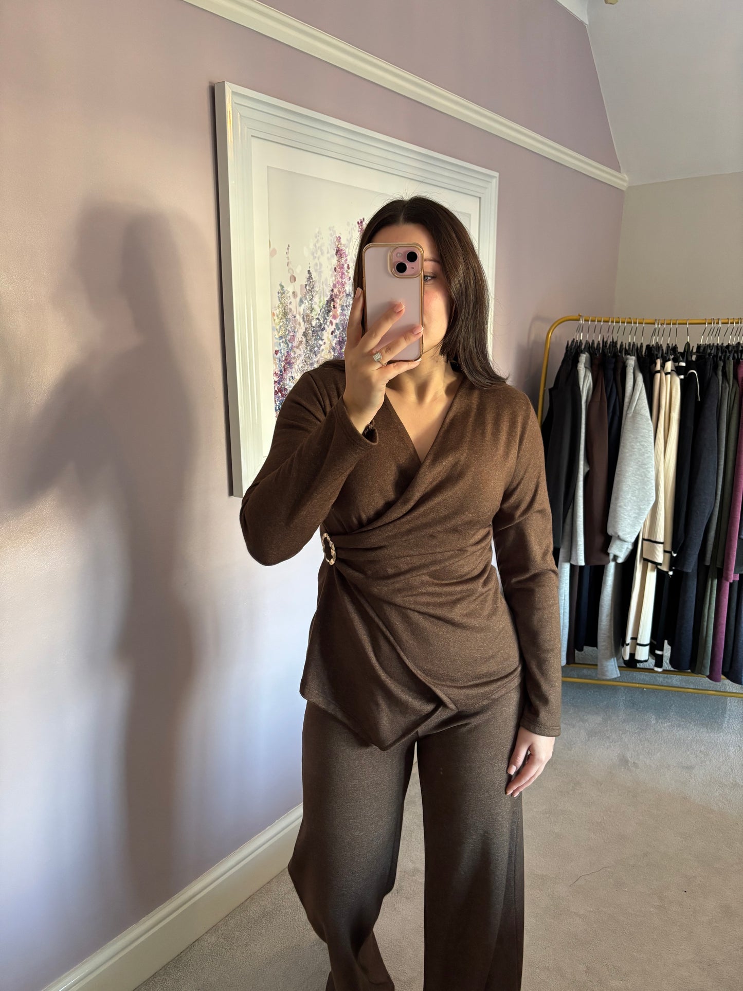 V neck loungewear set - brown