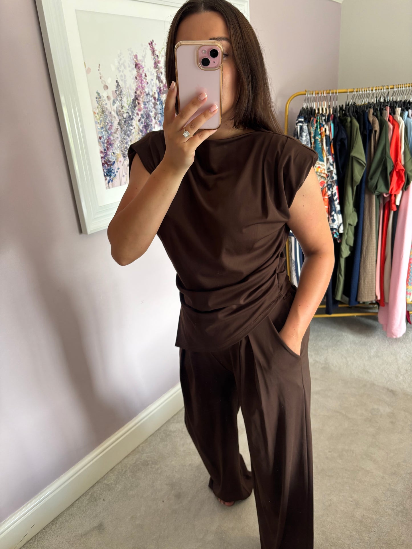 Shoulder pad loungewear set - brown