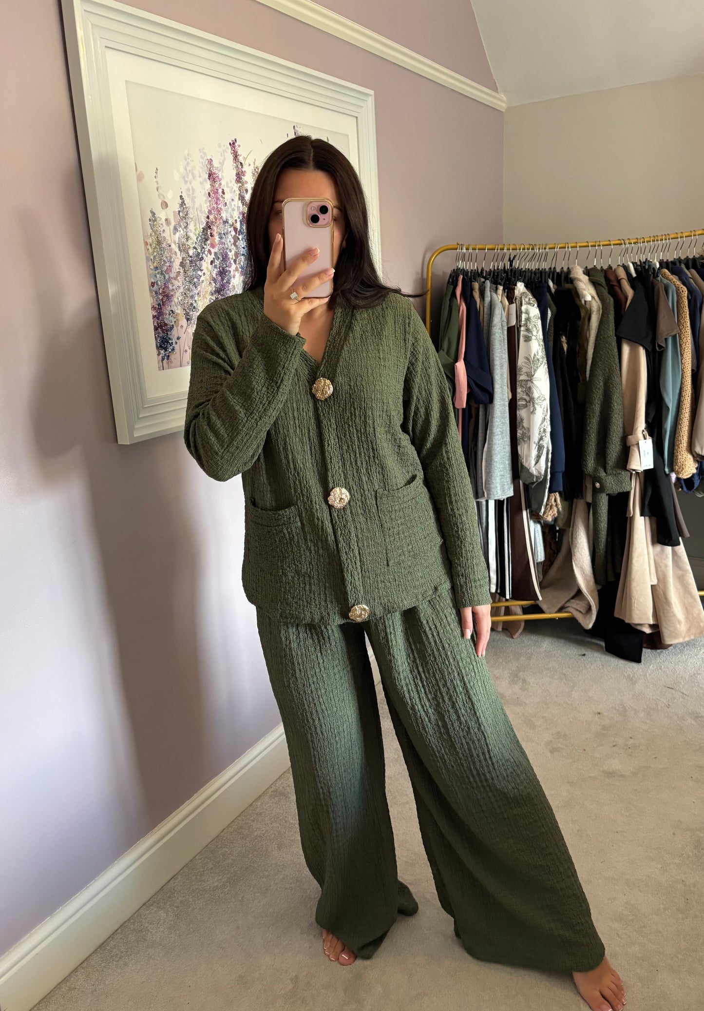 Cardigan ruffle loungewear set - khaki