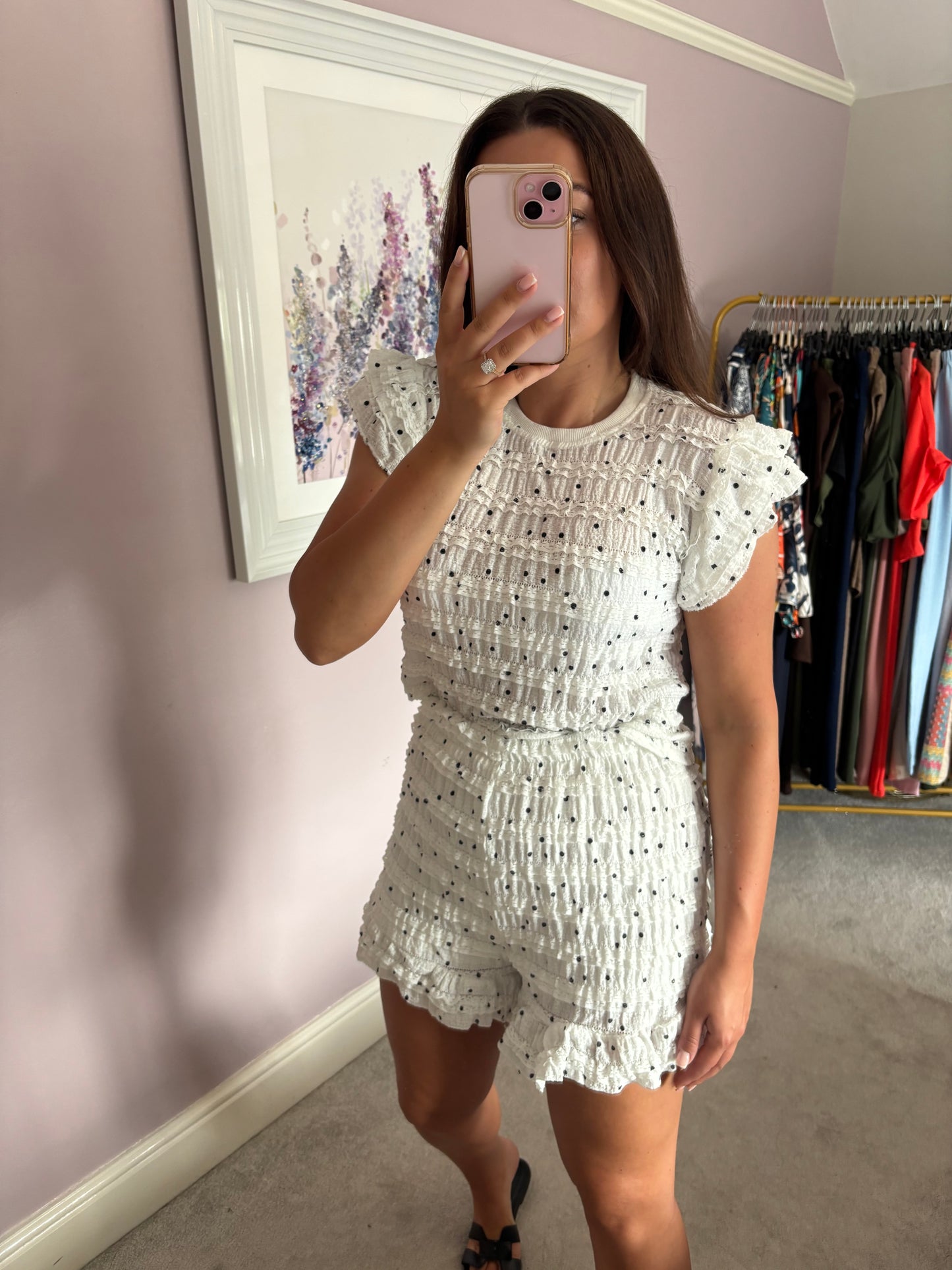 Ruffle polka dot short set - white