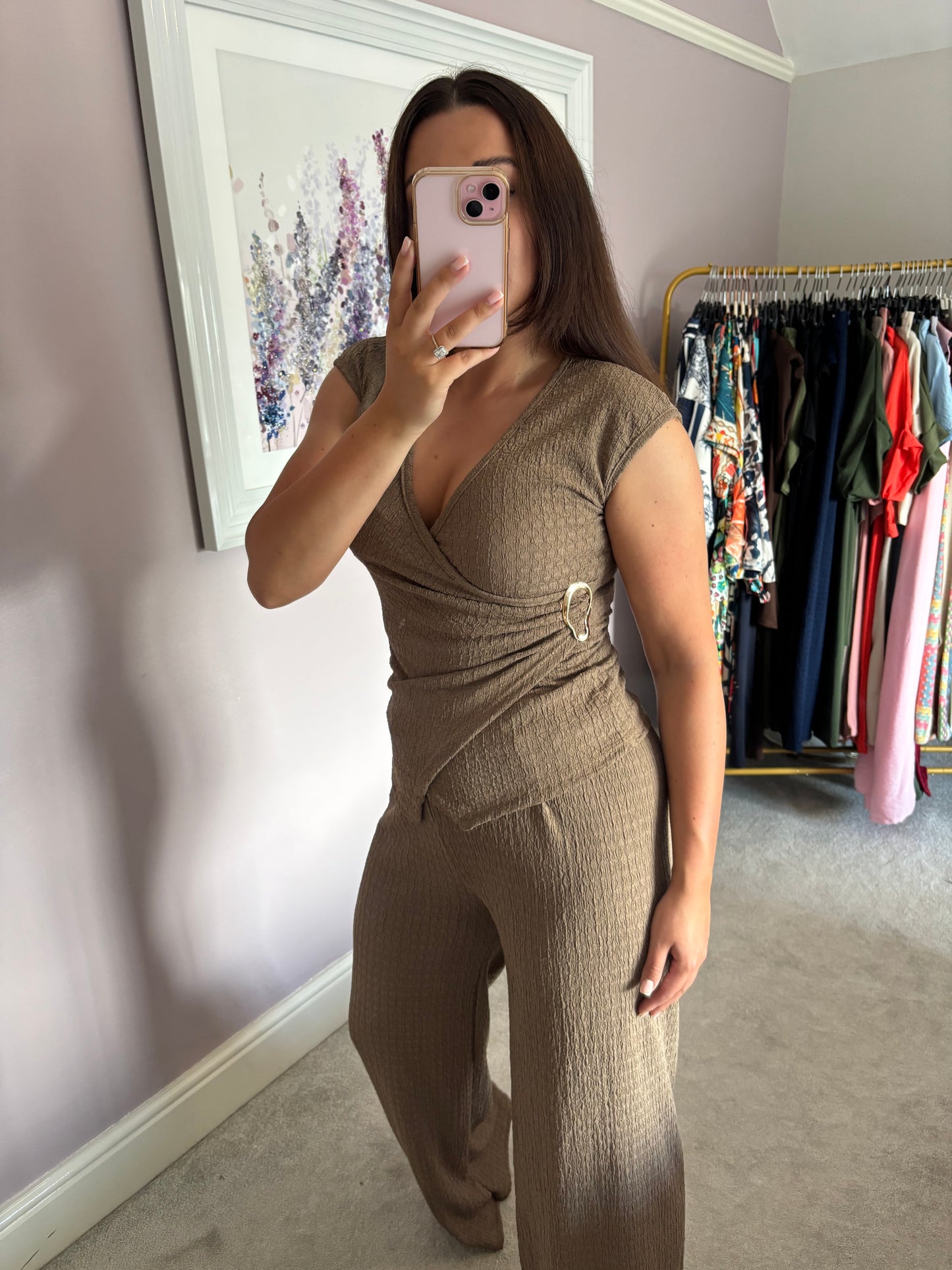 V neck loungewear set - brown