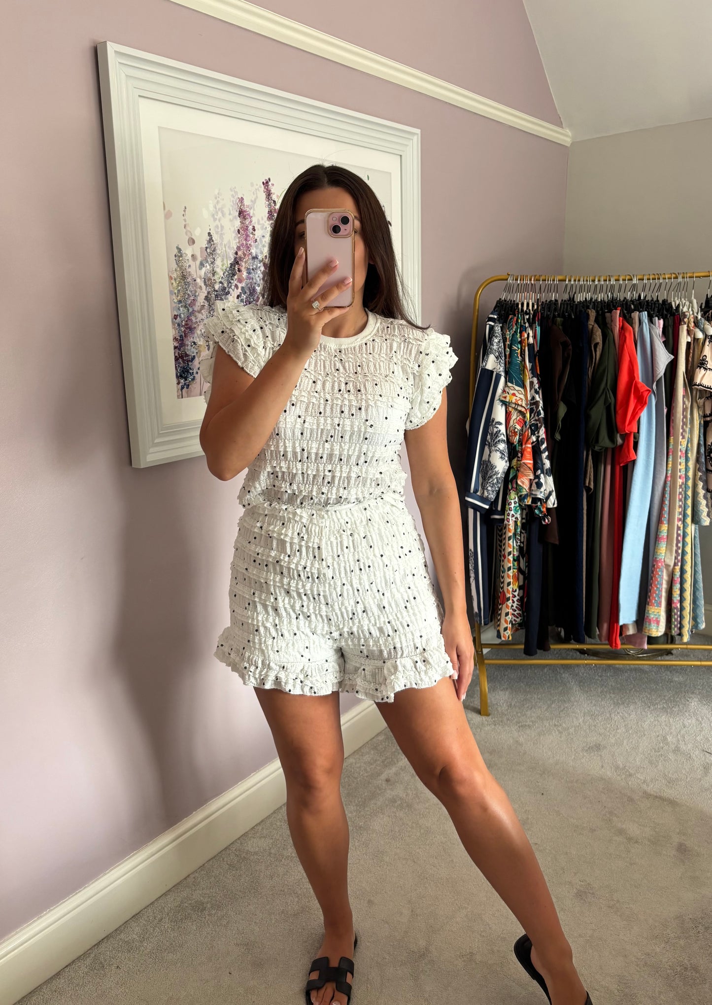 Ruffle polka dot short set - white