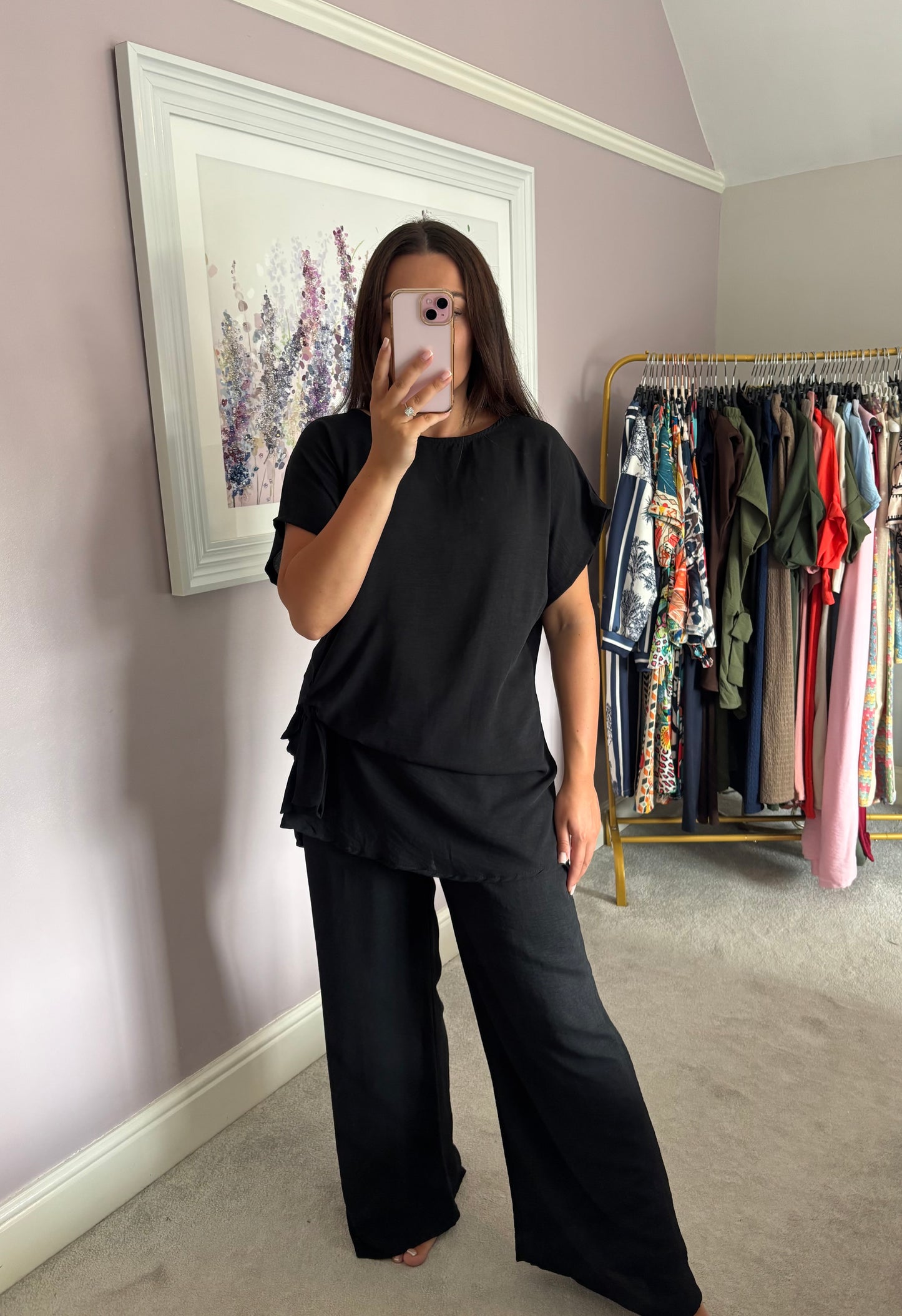 Side tie loungewear set - black