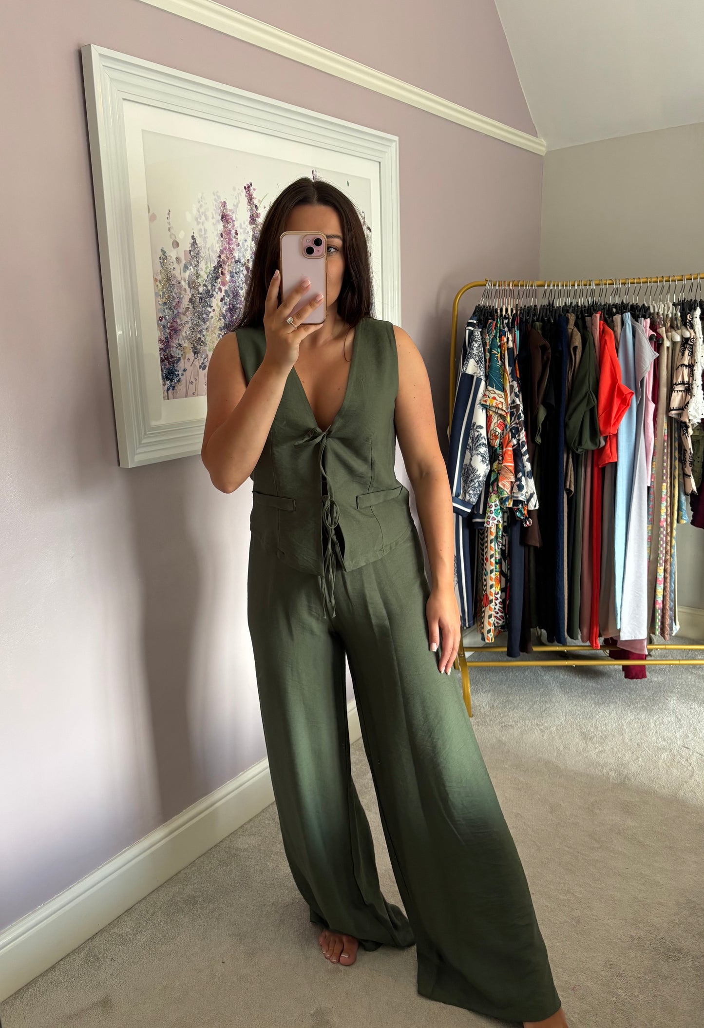 Tie front loungewear set - khaki