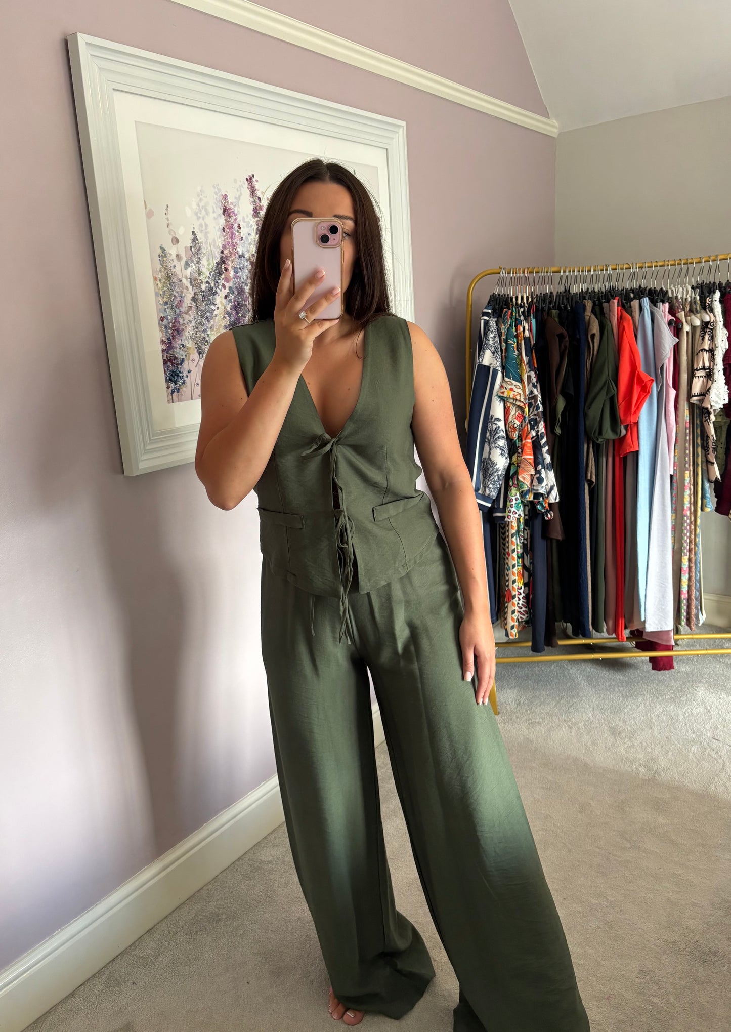 Tie front loungewear set - khaki