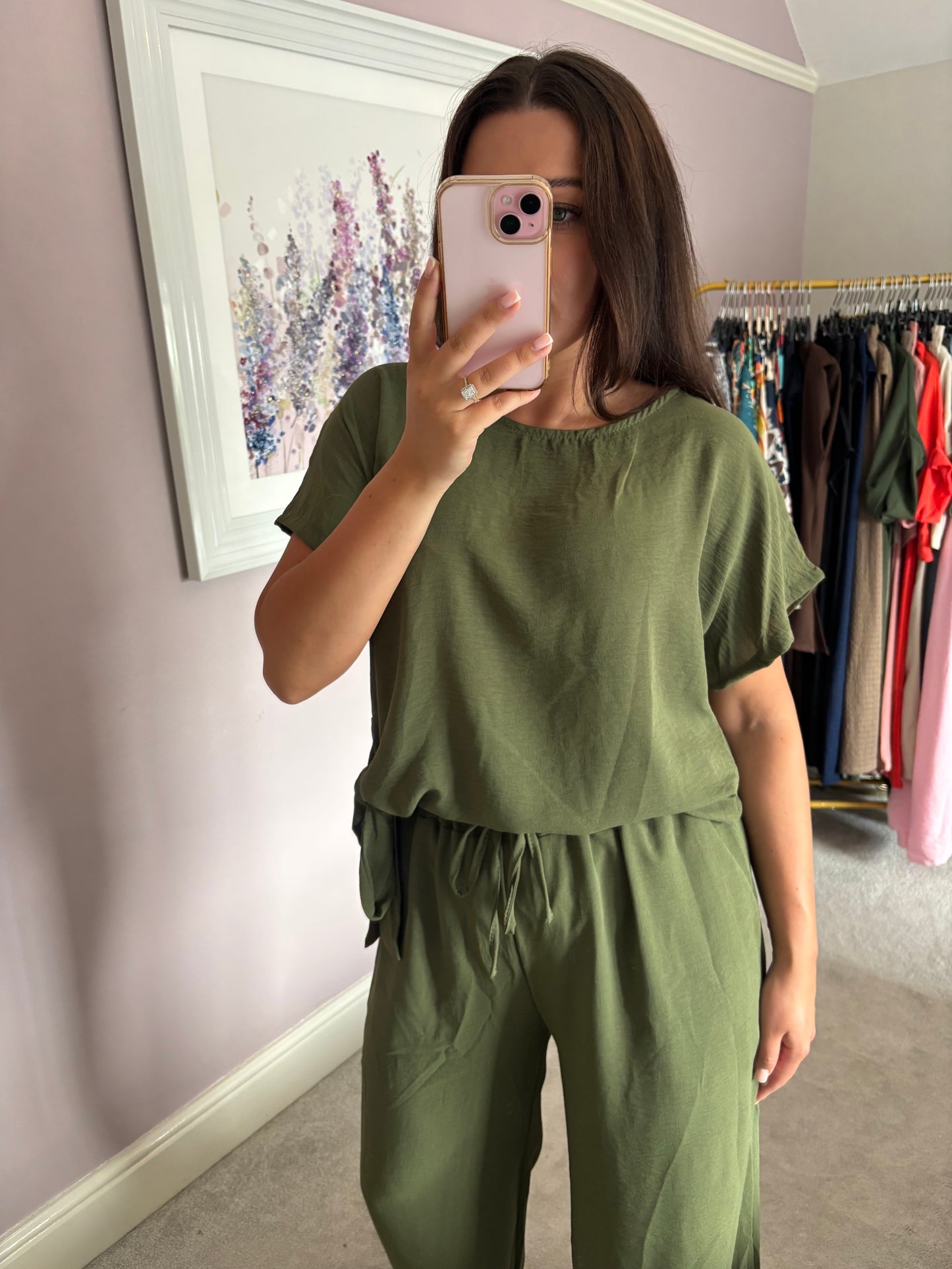 Side tie loungewear set - khaki