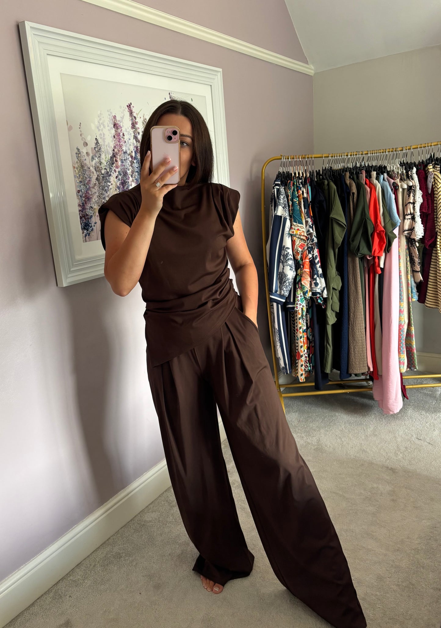 Shoulder pad loungewear set - brown
