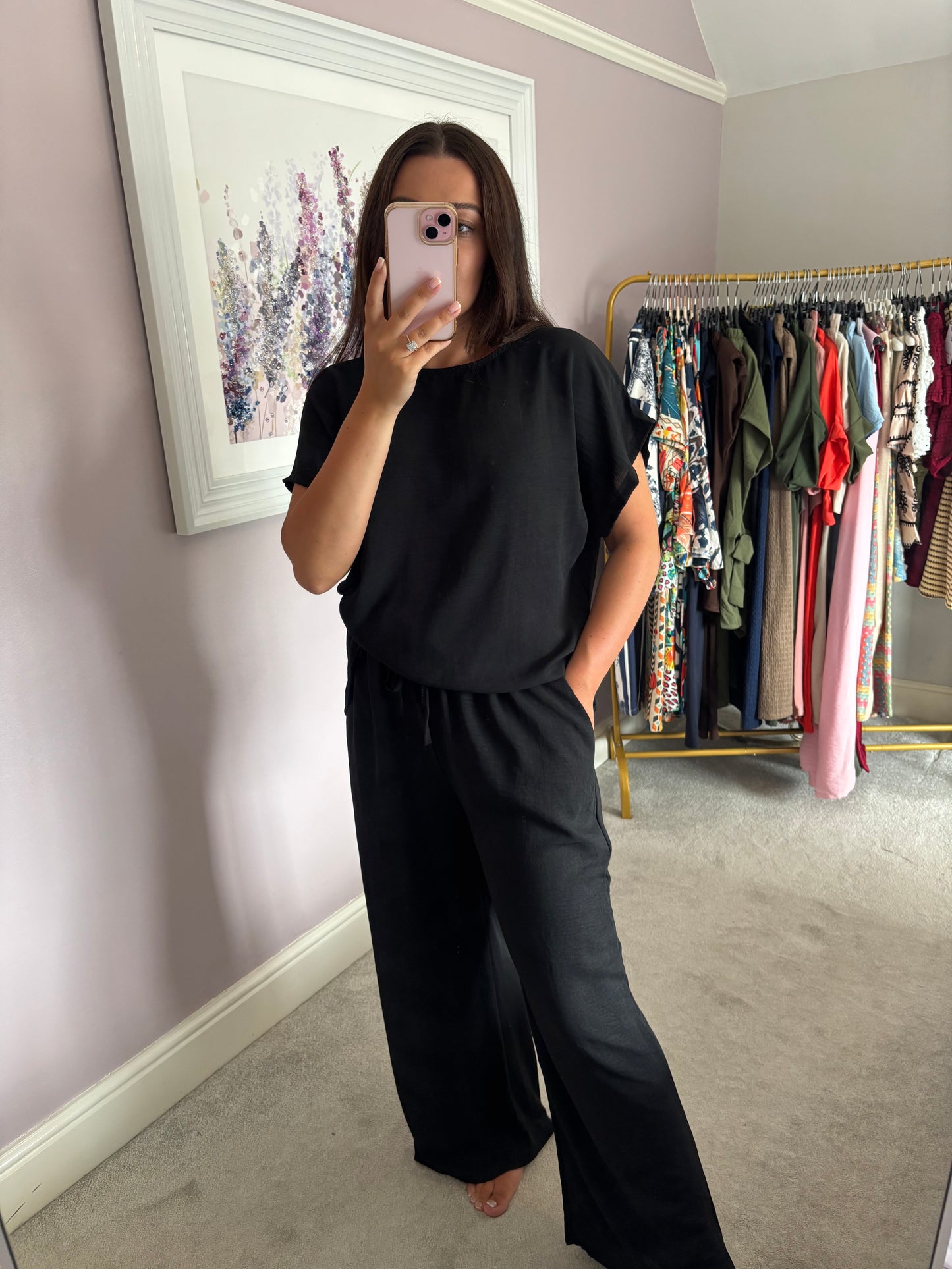 Side tie loungewear set - black