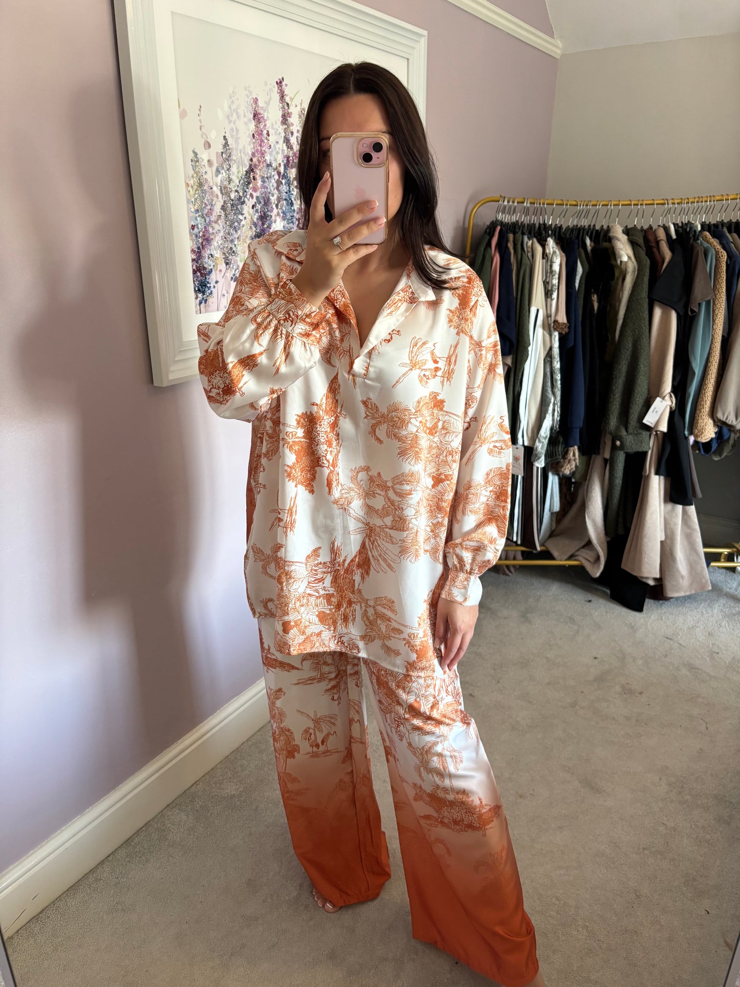 Print silk trouser and top set - orange