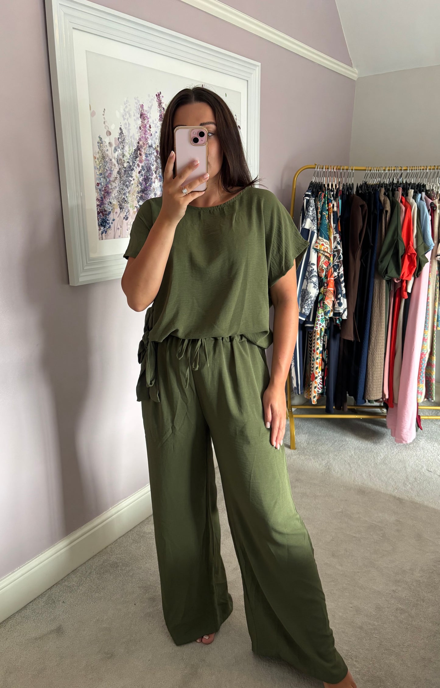 Side tie loungewear set - khaki