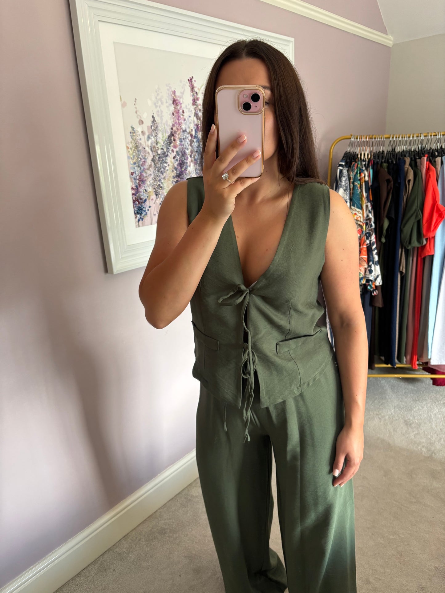 Tie front loungewear set - khaki