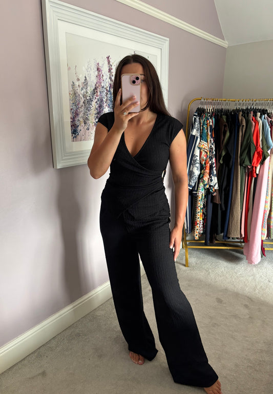V neck loungewear set - black