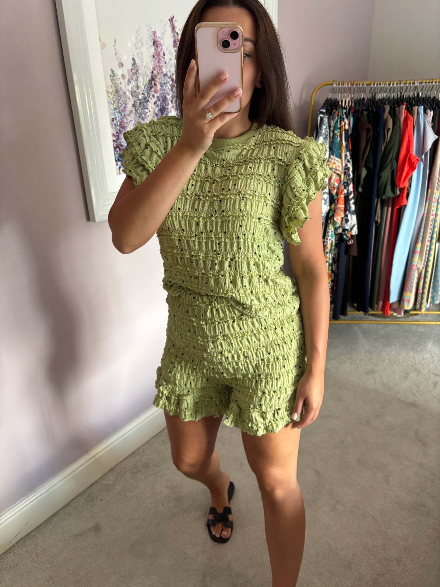 Ruffle polka dot short set - green