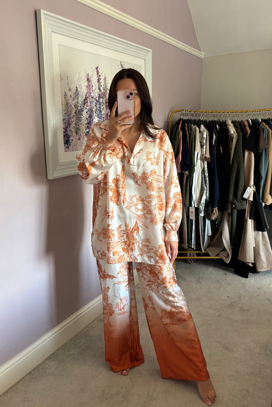 Print silk trouser and top set - orange