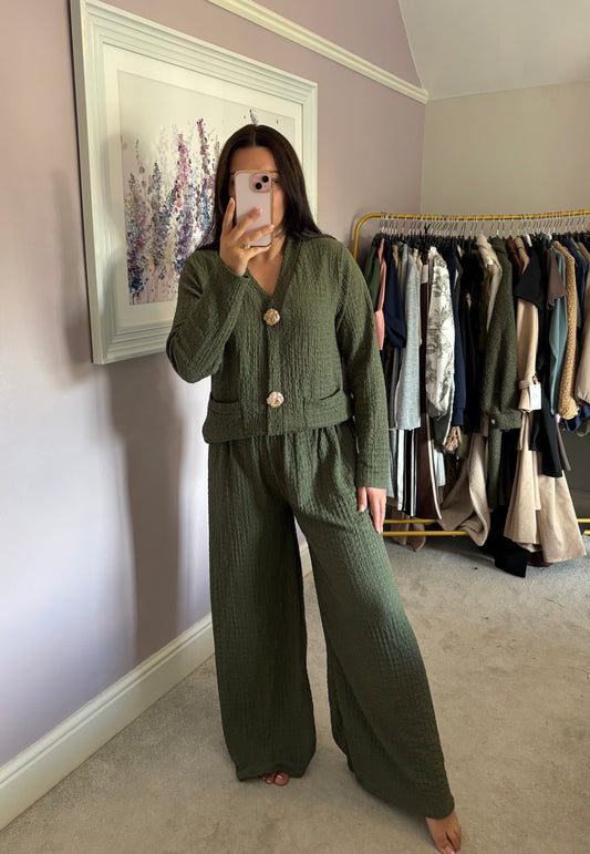 Cardigan ruffle loungewear set - khaki