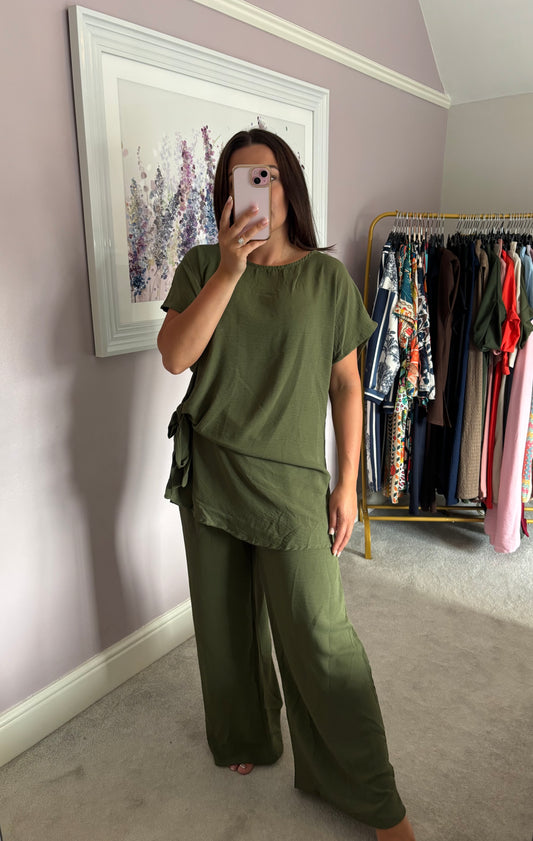 Side tie loungewear set - khaki