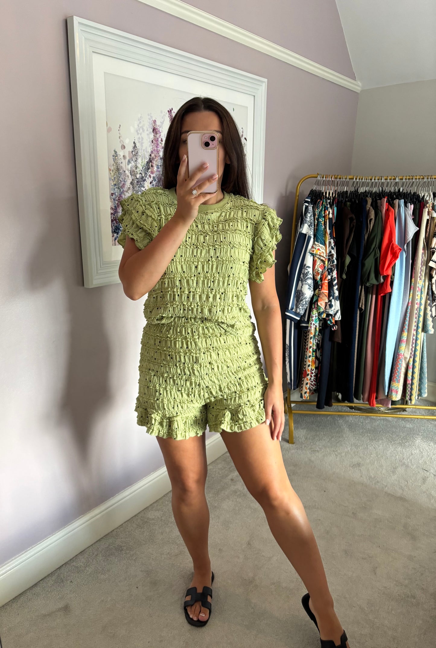 Ruffle polka dot short set - green