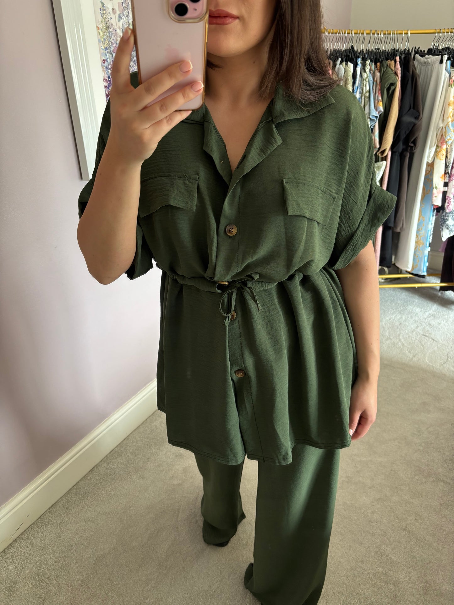 Ruched top tie and trouser set - khaki