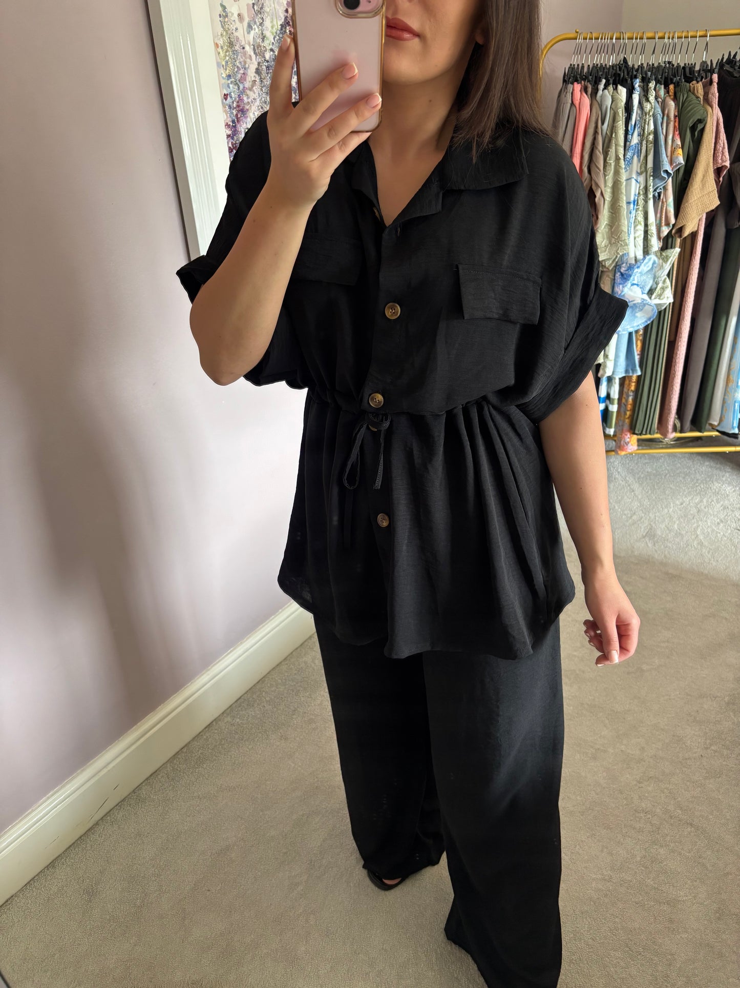 Ruched top tie and trouser set - black