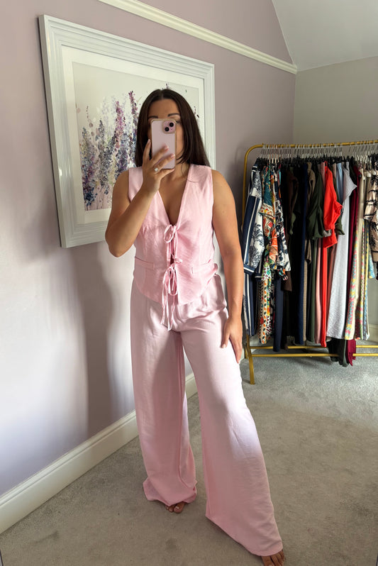 Tie front loungewear set - pink