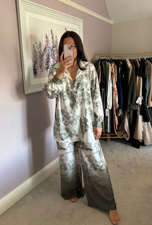 Print silk trouser and top set - khaki