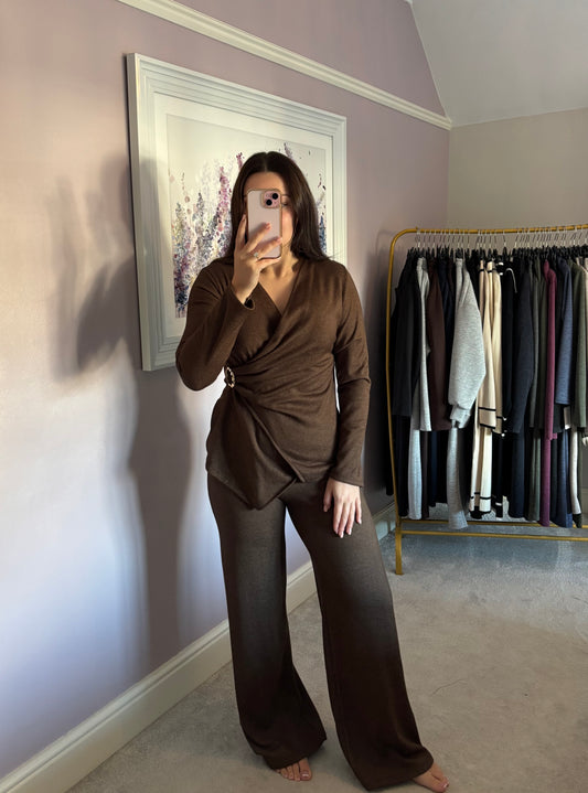 V neck loungewear set - brown