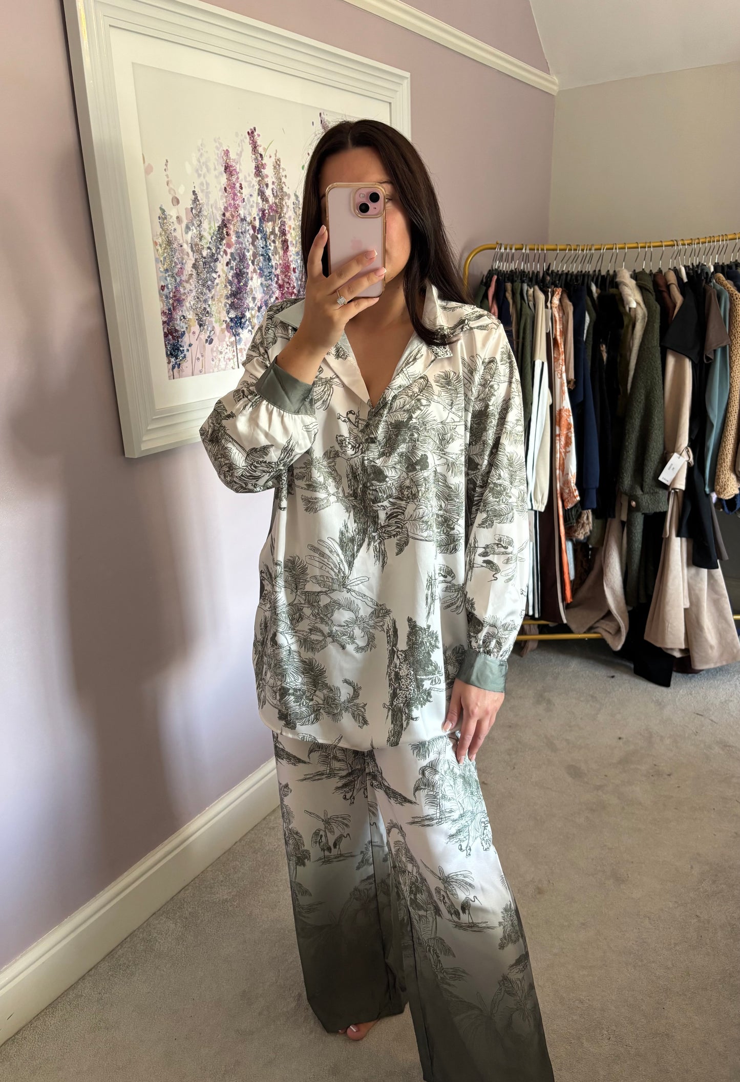 Print silk trouser and top set - khaki