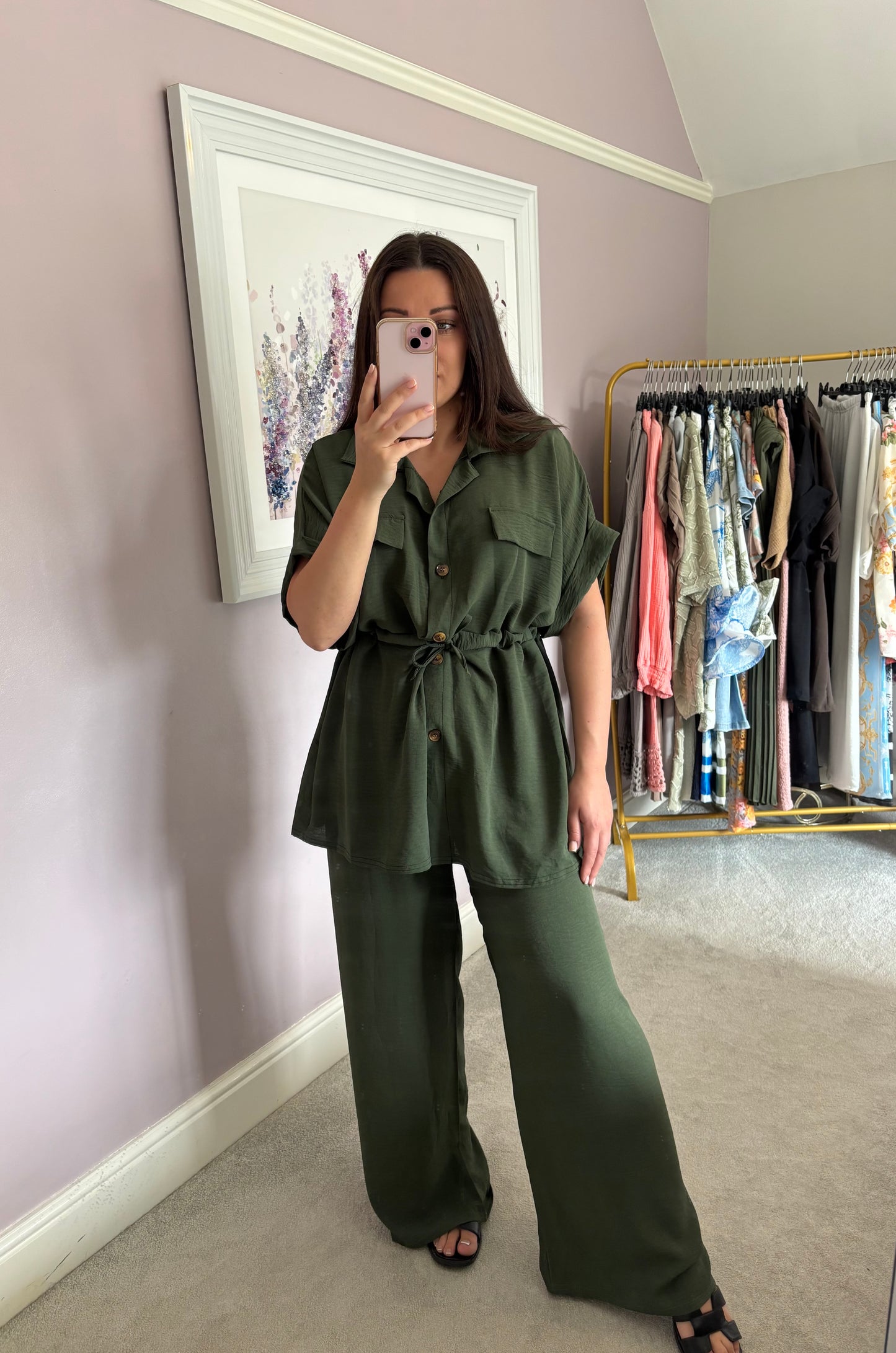 Ruched top tie and trouser set - khaki