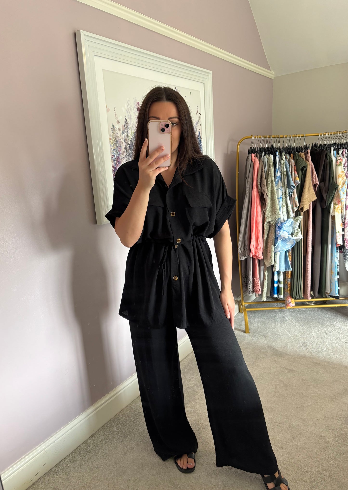 Ruched top tie and trouser set - black