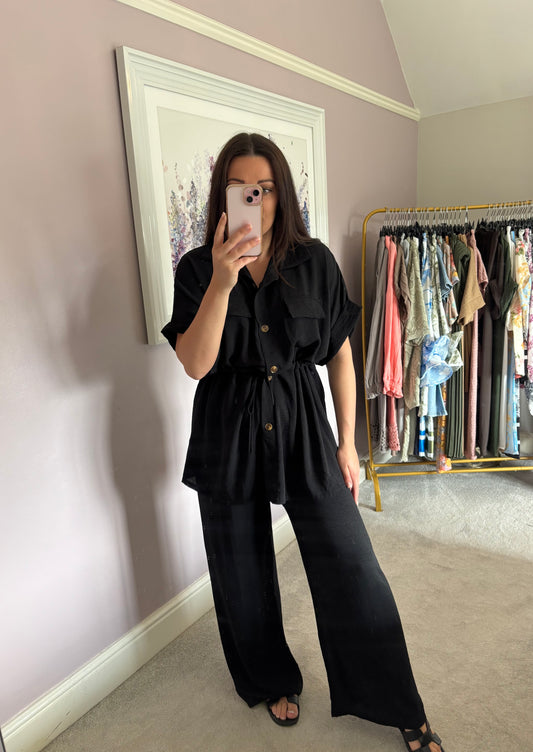 Ruched top tie and trouser set - black